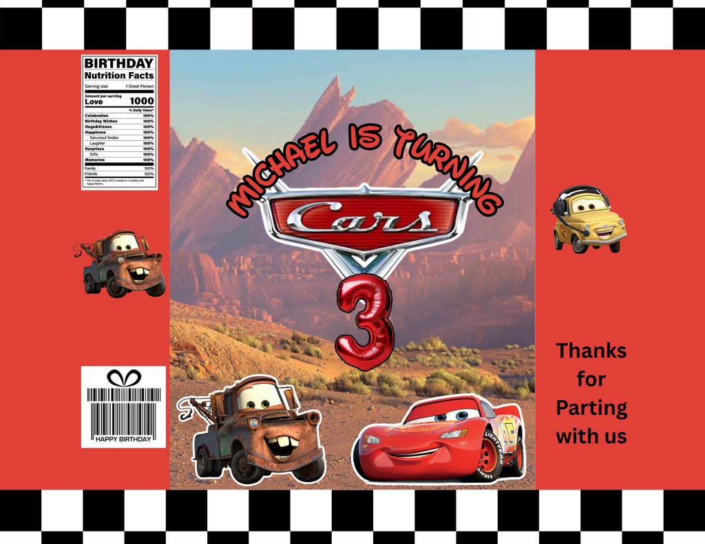 Cars Combo - Chocolate wrapper, Chip/goodies bag, Small Activity colouring booklet